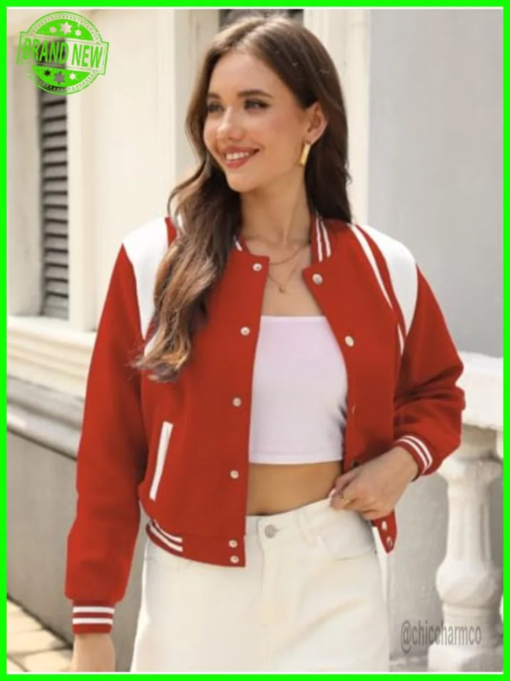 Women's Varsity Bomber Jacket Cropped Button Down with Pockets